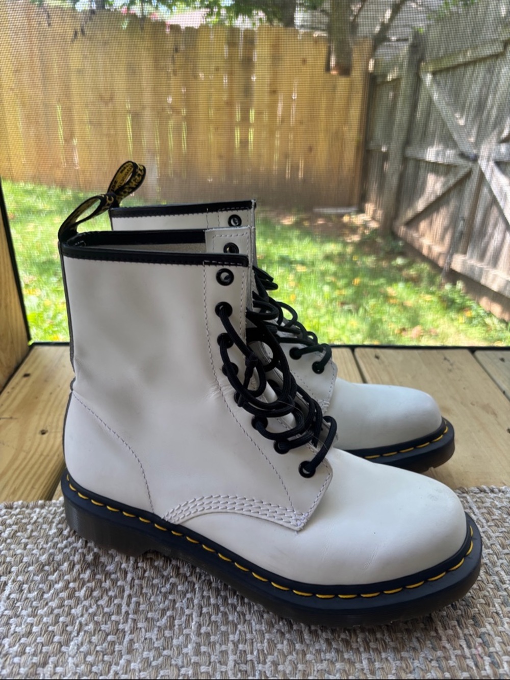 Size 9 White Doc Marten Lace-Up Combat Boots with Yellow Stitching
